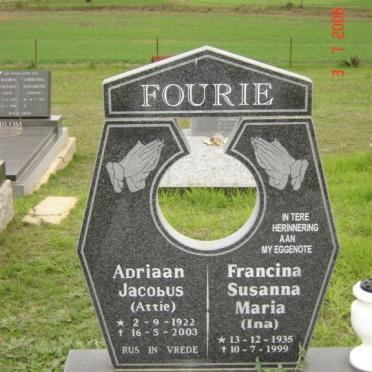 FOURIE Adriaan Jacobus 1922-2003 &amp; Francina Susanna Maria 1935-1999