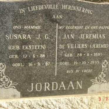 JORDAAN Jan Jeremias de Villiers 1885-1955 &amp;  Susara J.G. EKSTEEN 1888-1967