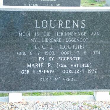 LOURENS L.C.J. 1903-1974 &amp; Marie P. MATTHEE 1909-1977