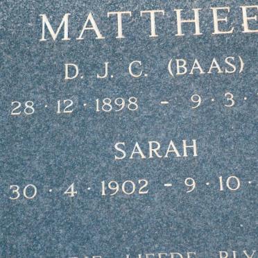MATTHEE D.J.C. 1898-1979 &amp; Sarah 1902-1988
