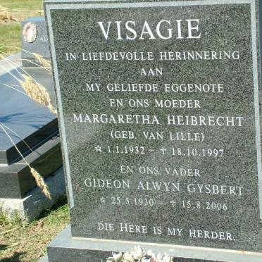 VISAGIE Gideon Alwyn Gysbert 1930-2006 &amp; Margaretha Heibrecht VAN LILLE 1932-1997