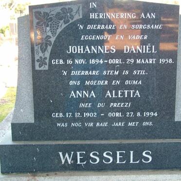 WESSELS Johannes Daniël 1894-1958 &amp; Anna Aletta DU PREEZ 1902-1994