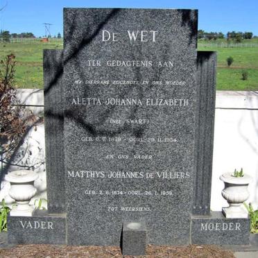 WET Matthys Johannes de Villiers, de 1874-1959 &amp; Aletta Johanna Elizabeth SWART 1879-1954 en