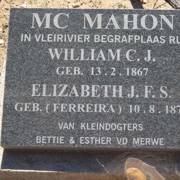 Mc MAHON William C.J. 1867- &amp; Elizabeth J.F.S. FERREIRA 1870-