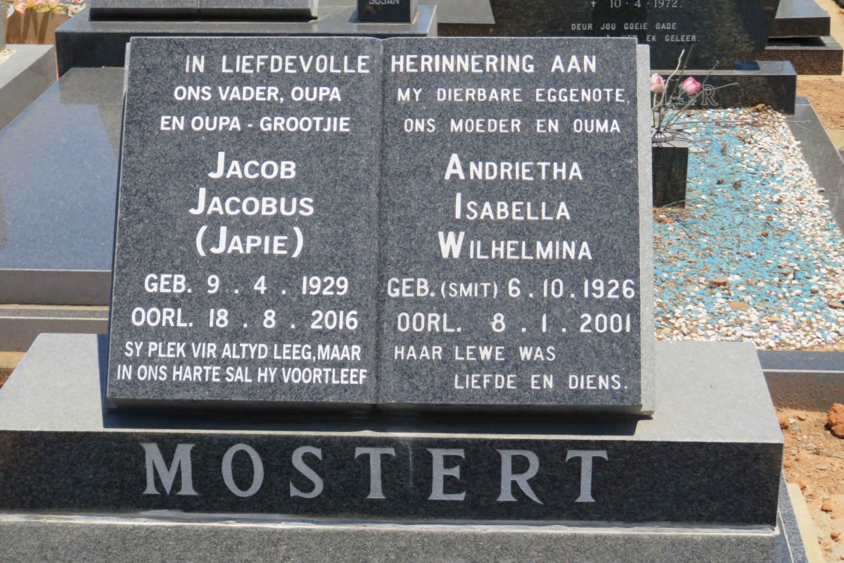 MOSTERT Jacob Jacobus 1929-2016 &amp; Andrietha Isabella Wilhelmina SMIT 1926-2001