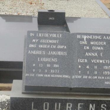 LOURENS Andries Jakobus 1911-1977 &amp; Anna E. VERWEY 1915-1992