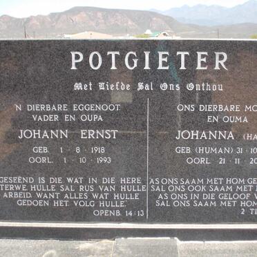 POTGIETER Johan Ernst 1918-1993 &amp; Johanna HUMAN 1921-2002