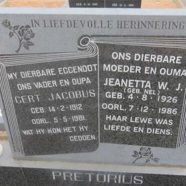 PRETORIUS Gert Jacobus 1912-1981 &amp; Jeanetta W.J. NEL 1926-1986