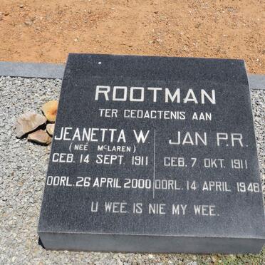 ROOTMAN Jan P.R. 1911-1948 &amp; Jeanetta W. McLAREN 1911-2000