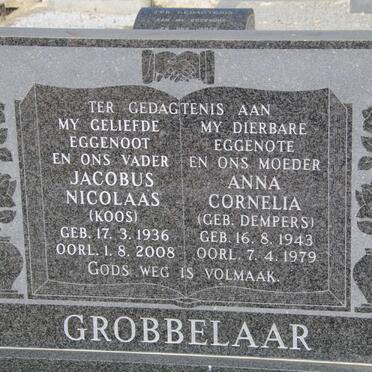 GROBBELAAR Jacobus Nicolaas 1936-2008 &amp; Anna Cornelia DEMPERS 1943-1979