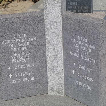 KOTZE Johannes Albertus Francois 1916-1998 &amp; Hester Elizabeth 1917-2005