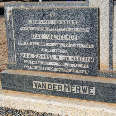 MERWE Izak Wilhelmus, van der 1885-1944 &amp; Maria Susanna W. HANEKOM 1894-1971