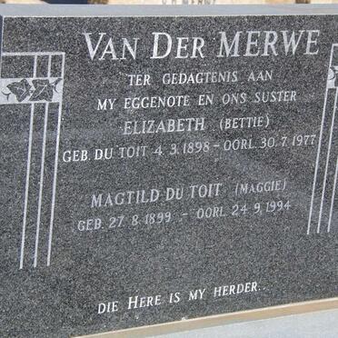 MERWE Elizabeth, van der nee du TOIT 1898-1977 :: du TOIT Magtild 1899-1994