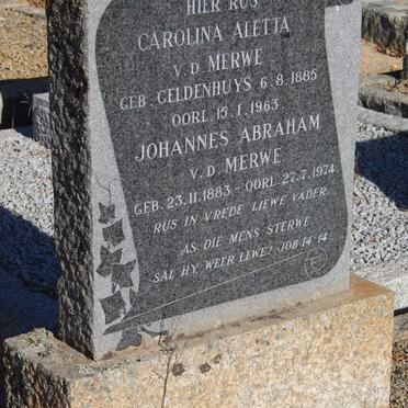 MERWE Johannes Abraham, v.d. 1883-1974 &amp; Carolina Aletta GELDENHUYS 1885-1963