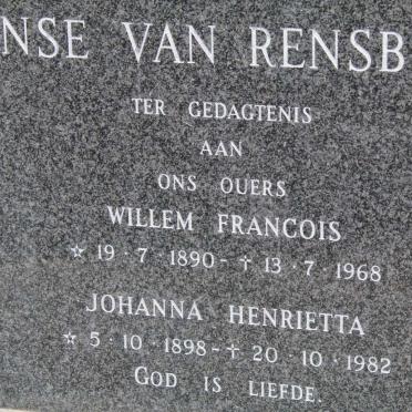 RENSBURG Willem Francois, Janse van 1890-1968 &amp; Johanna Henrietta 1898-1982