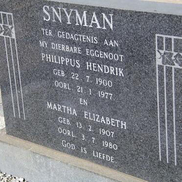 SNYMAN Philippus Hendrik 1900-1977 &amp; Martha Elizabeth 1907-1980