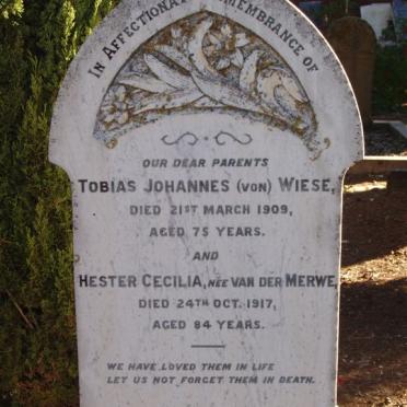 WIESE Tobias Johannes (von) -1909 &amp; Hester Cecilia VAN DER MERWE -1917