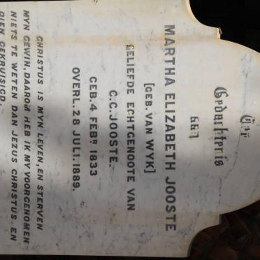 JOOSTE Martha Elizabeth nee VAN WYK 1833-1889