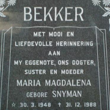 BEKKER Maria Magdalena nee SNYMAN 1948-1988