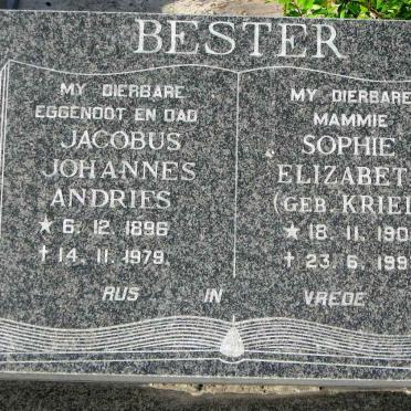 BESTER Johannes Andries 1896-1979 &amp; Sophie Elizabeth KRIEL 1904-1993