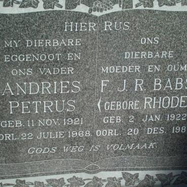 BURGER Andries Petrus 1921-1968 &amp; F.J.R. RHODE 1922-1989