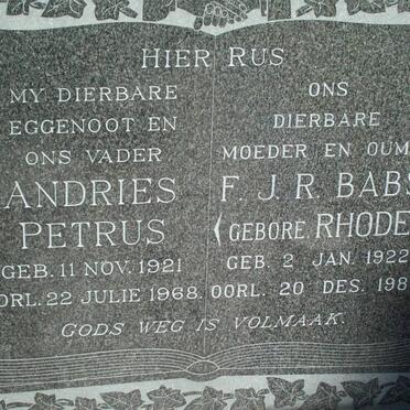 BURGER Andries Petrus 1921-1968 &amp; F.J.R. RHODE 1922-1989