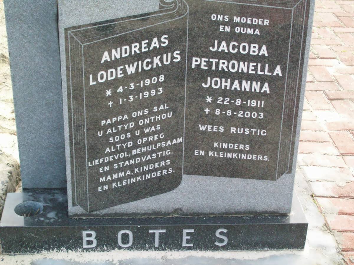 BOTES Andreas Lodewickus 1908-1993 &amp; Jacoba Petronella Johanna 1911-2003