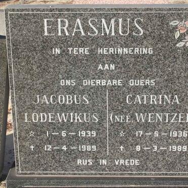 ERASMUS Jacobus Lodewikus 1939-1989 &amp; Catrina WENTZEL 1936-1989