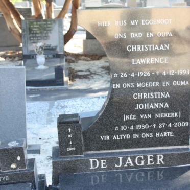JAGER Christiaan Lawrence, de 1926-1993 &amp; Christina Johanna VAN NIEKERK 1930-2009