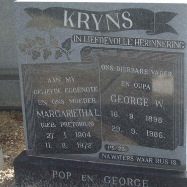 KRYNS George W. 1898-1986 &amp; Margaretha PRETORIUS 1904-1972