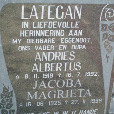 LATEGAN Andries Albertus 1919-1992 &amp; Jacoba Magrieta 1925-1999