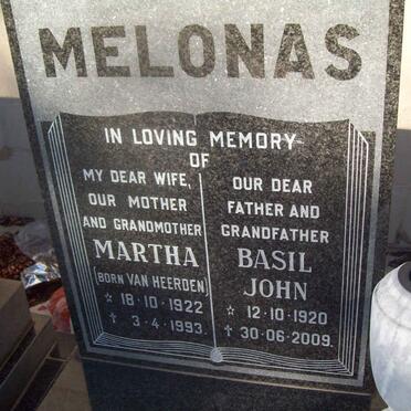 MELONAS Basil John 1920-2009 &amp; Martha VAN HEERDEN 1922-1993