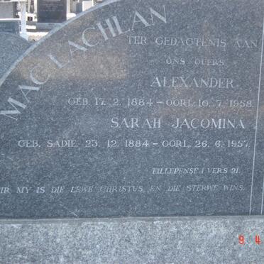 MACLACHLAN Alexander 1884-1958 &amp; Sarah Jacomina 1884-1957
