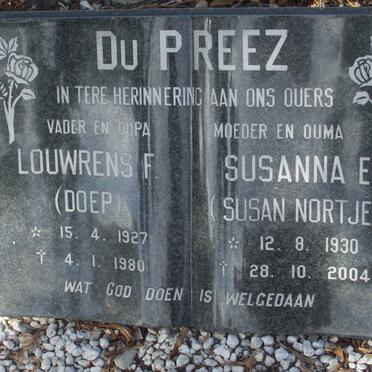 PREEZ Louwrens F., du 1927-1980 &amp; Susanna E. NORTJE 1930-2004