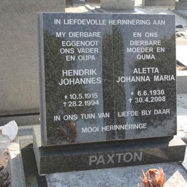 PAXTON Hendrik Johannes 1915-1994 &amp; Aletta Johanna Maria 1930-2008