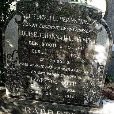 RABBETS Lawrence Ralph 1904-1985 &amp; Louise Johanna Wilhelmina  FOOT 1911-1973