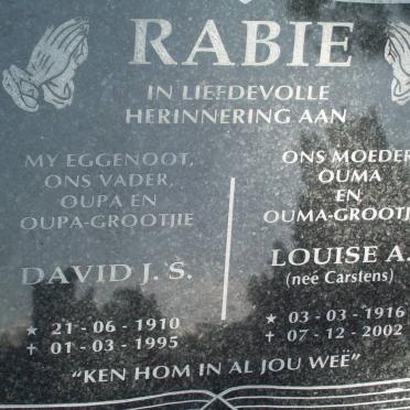 RABIE David J.S. 1910-1995 &amp; Louise A. CARSTENS 1916-2002