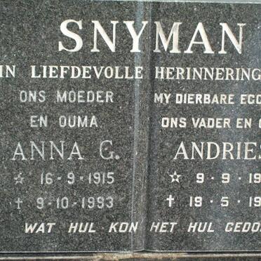 SNYMAN Andries 1909-1980 &amp; Anna G. 1915-1993