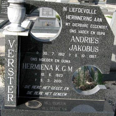 VERSTER Andries Jakobus 1912-1987 &amp; Hermiena K.G.M. 1923-2001