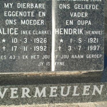VERMEULEN Hendrik 1921-1997 &amp; Alice CLARKE 1926-1992