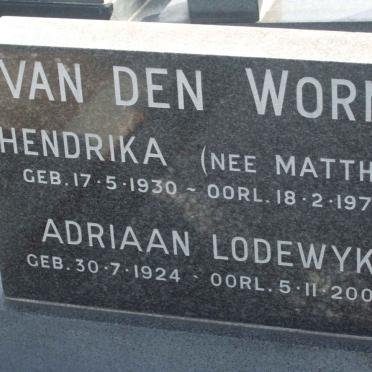 WORM Adriaan Lodewyk, van den 1924-2006 &amp; Hendrika MATTHEE 1930-1973