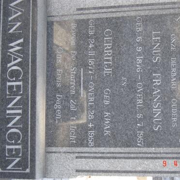 WAGENINGEN Lenus Fransinus, van 1876-1957 &amp; Gerritje KWAK 1877-1958