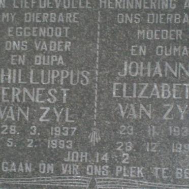 ZYL Philluppus Ernest, van 1937-1993 &amp; Johanna Elizabeth 1937-1998