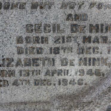 MINK Andrew, de -1936 :: DE MINK Valeria 192?-1941 :: DE MINK Cecil 191?-1940 :: DE MINK Elizabeth 1946-1946 