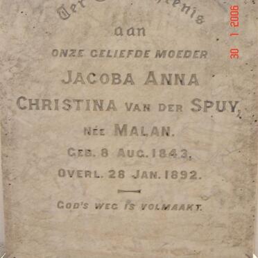SPUY Jacoba Anna Christina, van der nee MALAN 1843-1892