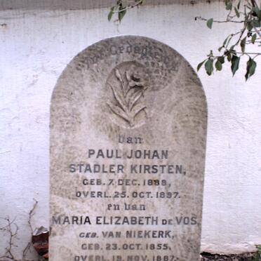KIRSTEN Paul Johan Stadler 1888 - 1897 &amp; Maria Elizabeth DE VOS nee VAN NIEKERK 1855-1887