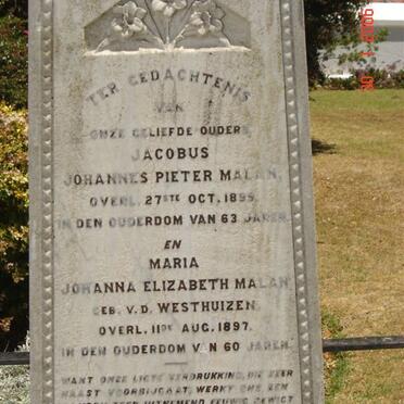 MALAN Jacobus Johannes Pieter -1899 &amp; Maria Johanna Elizabeth  V.D WESTHUIZEN -1897