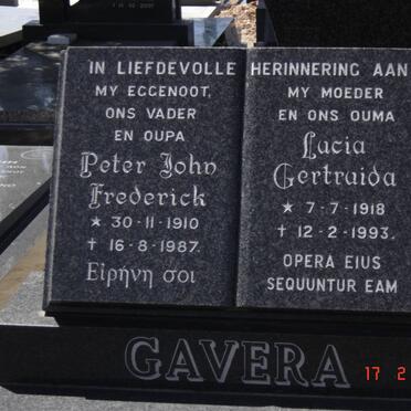 GAVERA Peter John Frederick 1910-1987 &amp; Lucia Gertruida 1918-1993