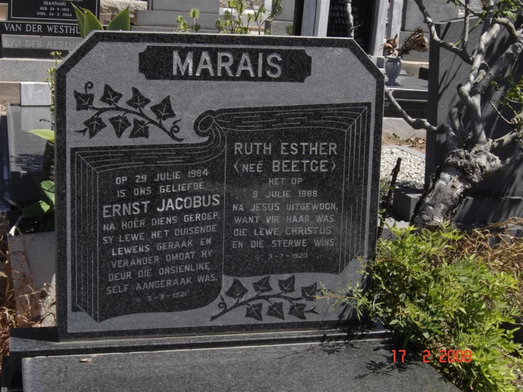 MARAIS Ernst Jacobus 1921-1984 &amp; Ruth Esther BEETGE 1920-1988