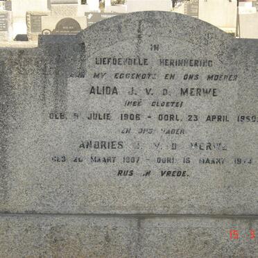 MERWE Andries ?, v.d. 1907-1974 &amp; Alida J. CLOETE 1906-1950